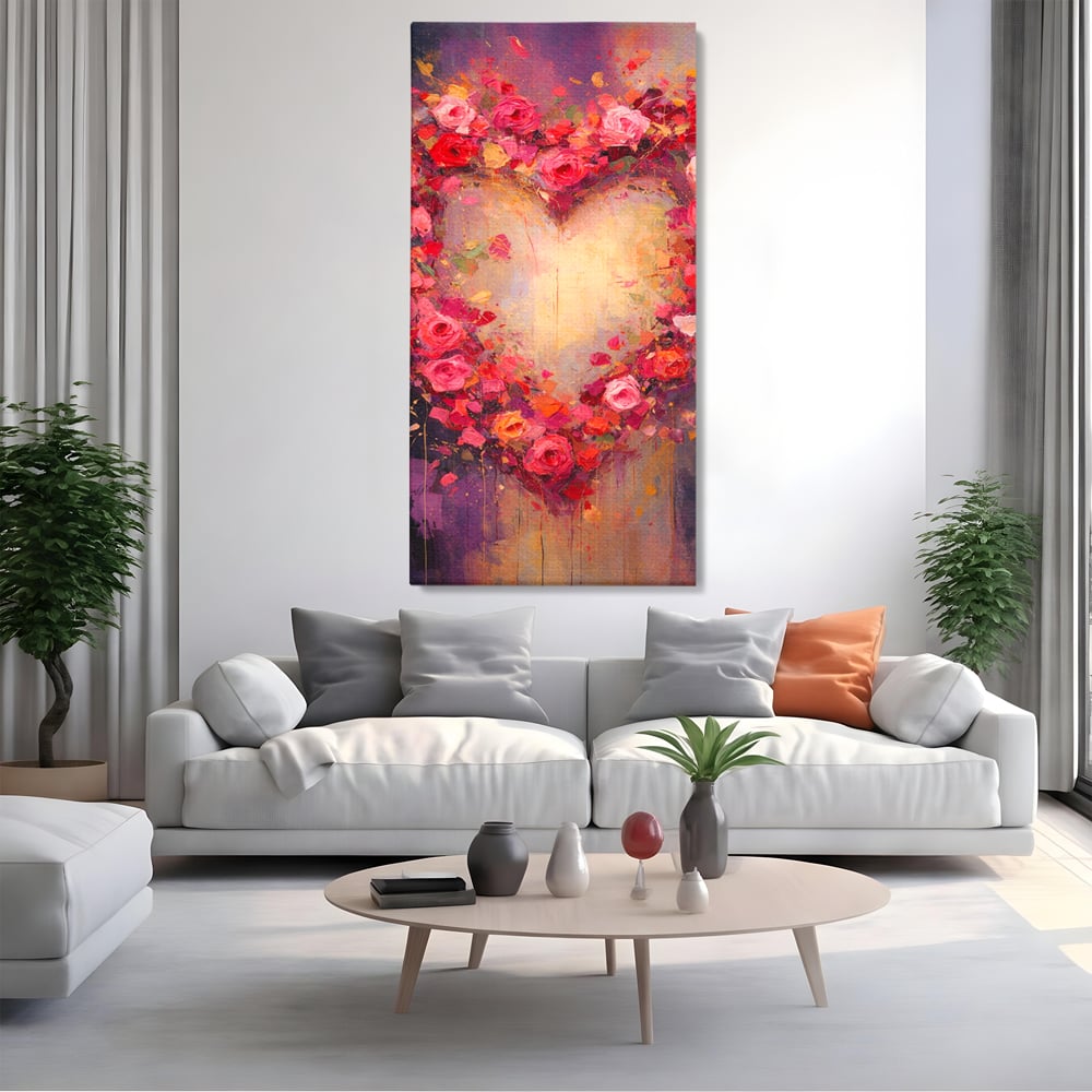 Tablou canvas cu tablou canvas cu inima din trandafiri, fara rama, pe sasiu de lemn, pe perete intr-un living